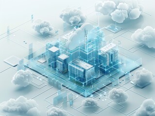 A sleek digital illustration depicting cloud infrastructure, servers, and interconnected data lines in soft blue tones, showcasing modern technology.