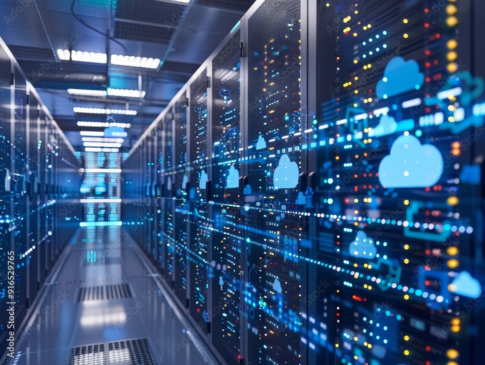 Poster this image shows a state-of-the-art data center featuring servers and visual representations of clou