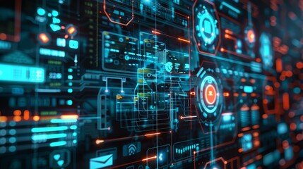 A high-tech image of a futuristic digital interface featuring interconnected elements, glowing lights, and detailed data patterns, representing technological innovation.