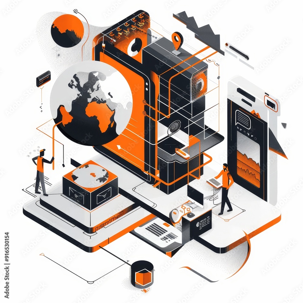 Poster this image illustrates global communication and technology integration with various interconnected d
