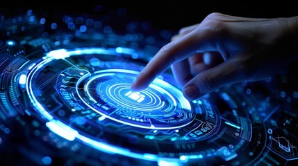 This image captures a futuristic digital interface being interacted with by a hand, representing cutting-edge technology, innovation, and advancement.