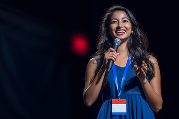 beautiful indian woman in her mid-30s with long dark hair smiling, she is standing on stage at conference in India,