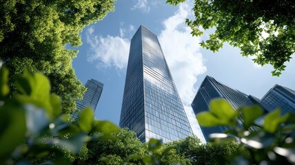 Skyscraper blending with dense forest at its base.