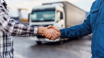 Fototapeta premium Two Truck Drivers Shaking Hands in a Deal at a Truck Stop