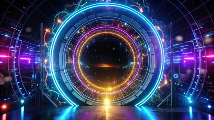 Obraz premium Futuristic Neon Portal with Glowing Circular Lights and a Dark Background