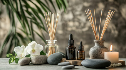 Obraz premium Aromatherapy Essentials with Candles, Oils, and Orchid Flowers in a Spa Setting