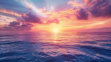 Obraz premium A vibrant sunset paints the calm ocean with colorful hues, creating a serene and breathtaking horizon, ideal for moments of reflection.