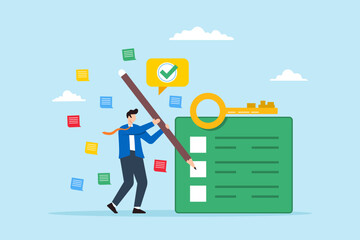 Flat illustration of businessman analyzing problems creating effective solutions writing key points and surrounded by notes or sticky pads