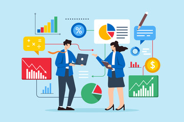Flat illustration of two professionals analyzing data to find solutions featuring charts and graphs