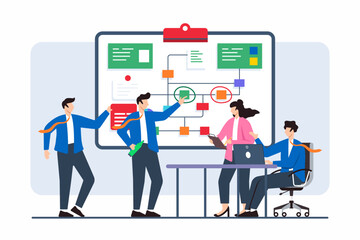 Flat illustration of team members addressing issues with strategic problem-solving on whiteboard