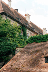 Historic Building With Overgrown Vegetation and Weathered Roof in Tranquil Setting During Bright Daylight