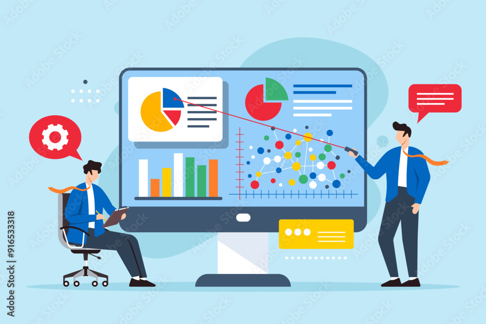 Poster flat illustration of two men analyzing graphs to develop problem-solving strategies on computer scre