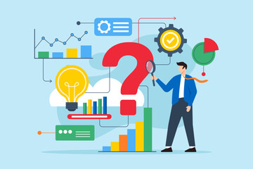 Flat illustration of professional analyzing question mark symbol to identify solutions