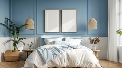 blank frame mockup, The master bedroom is bright blue and white