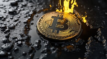 Bitcoin with golden yellow and black liquid. AI generation