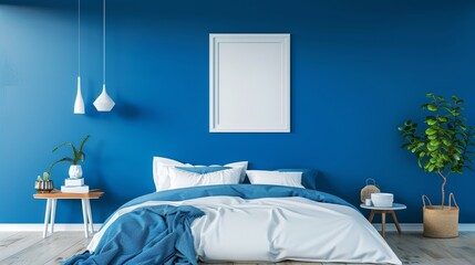 blank frame mockup, The master bedroom is bright blue and white
