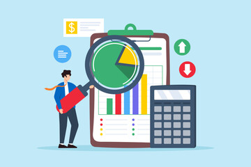 Flat illustration of businessman inspecting financial figures document to find answers