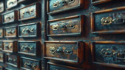 The essence of traditional Chinese herbal medicine with a background of old, wooden textured drawers