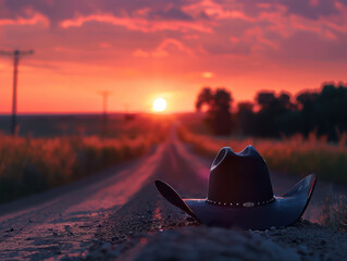 A black cowboy hat sits on a gravel road in the middle of a field, with a sunset in the background.