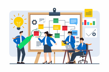 Flat illustration of team strategizing solutions with flowchart on whiteboard
