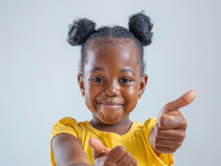 A young African-American girl with a bright smile gives two thumbs up in a studio setting.