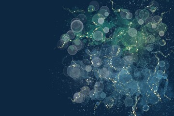 アルコールインクアートの抽象バナー。ダーク青緑背景に青と緑の波とシャボン玉と金色グリッター
