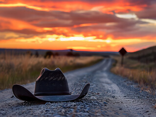 A cowboy hat lies forgotten on a dusty country road as the sun sets behind a horizon of orange and red clouds.