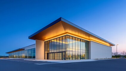 Obraz premium Modern Industrial Building with Large Glass Windows and Illuminated Entrance