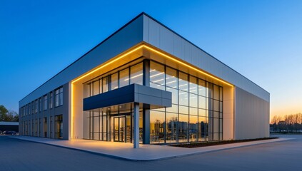Modern Industrial Building with Large Glass Windows and Illuminated Entrance