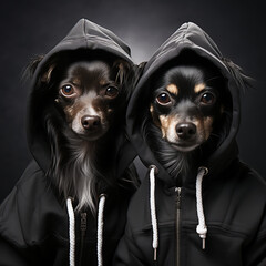two small dogs wearing black hoodies, in the style of surreal urban, ominous vibe,