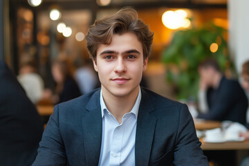Fototapeta premium A young man in a smart suit sitting in a modern cafe, looking confidently into the camera, representing professionalism and success in a contemporary urban setting.