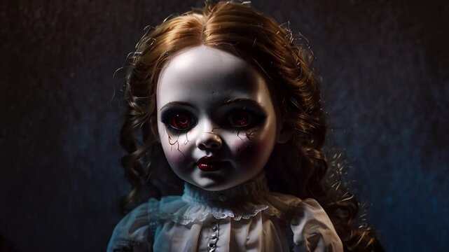 Vintage doll with a sinister smile and tattered dress.	
