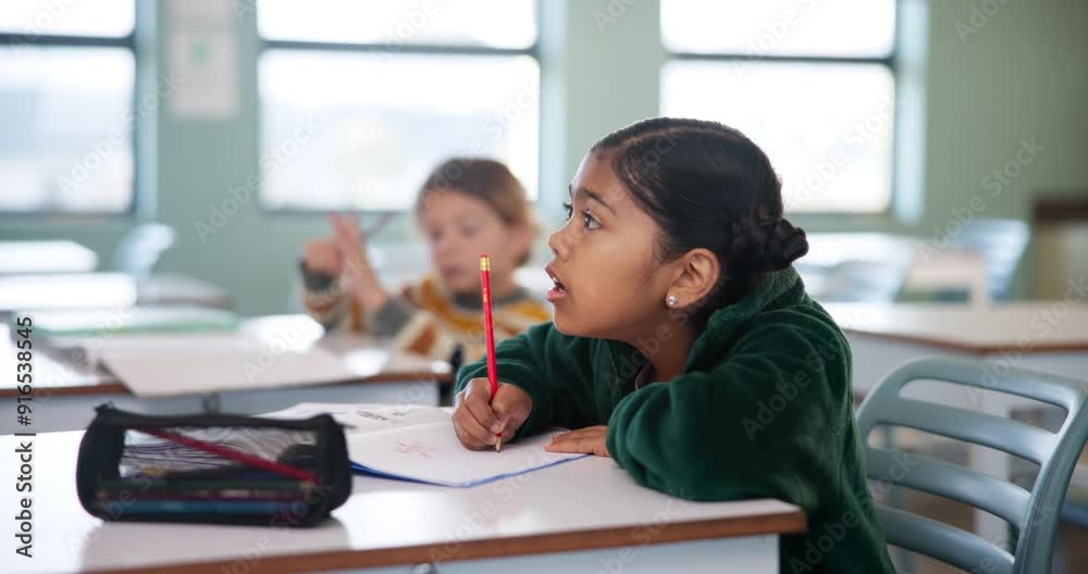 Poster girl, writing and classroom for education at school with learning, knowledge and information of exam