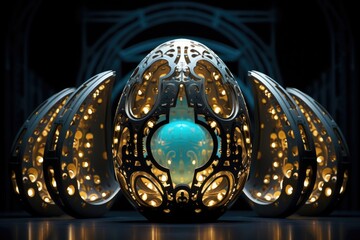 Obraz premium Easter Egg-shaped AI Architects: Artificial intelligence entities designing structures and technologies with Easter egg aesthetics.