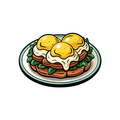 A cartoon illustration of a plate of eggs benedict with hollandaise sauce, the eggs have runny yolks.