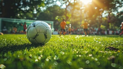 A soccer ball is on the grass in a field