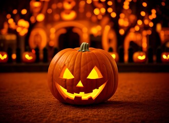 Fototapeta premium Glowing Pumpkin Decorations for the Holiday, Halloween Concept