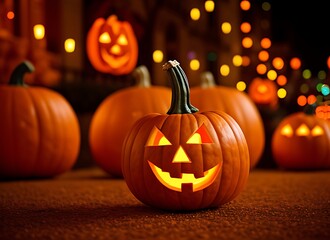 Fototapeta premium Glowing Pumpkin Decorations for the Holiday, Halloween Concept