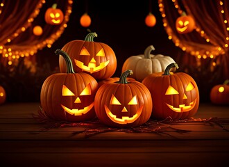 Fototapeta premium Glowing Pumpkin Decorations for the Holiday, Halloween Concept