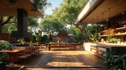 Obraz premium A rustic outdoor seating area with a slate stone patio, wooden furniture, and potted plants adding to the natural aesthetic