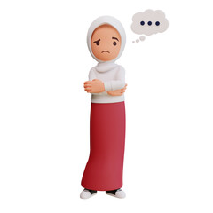 Cute girls with school uniform thinking about something 3d cartoon illustration