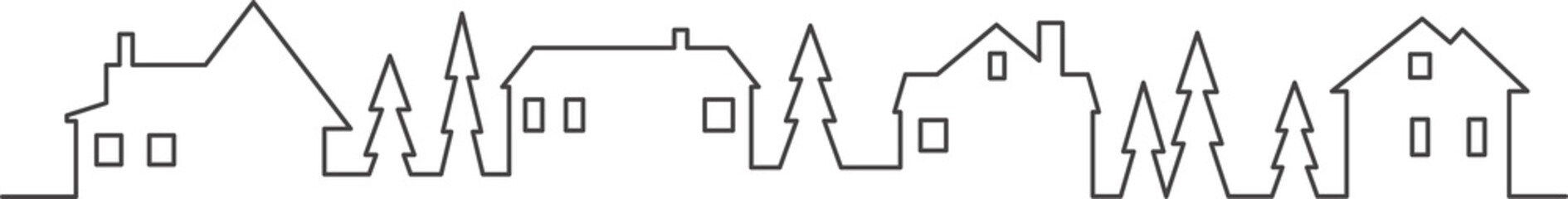 Town and village houses on skyline. Silhouette line of small buildings in neighborhood. Christmas rural simple drawing. Winter country landscape with trees