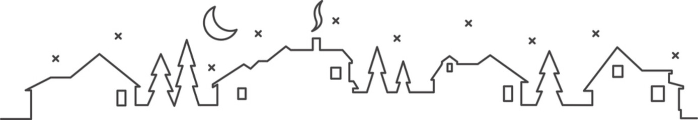 Town and village houses on skyline. Silhouette line of small buildings in neighborhood. Christmas rural simple drawing. Winter country landscape with trees in night