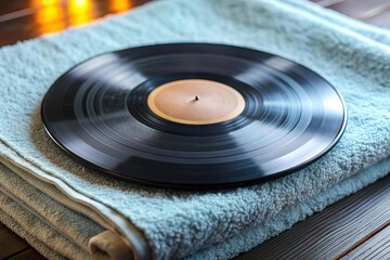 vinyl disc on soft towel. Relaxing music therapy at spa