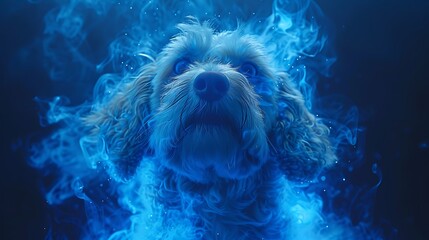 A Cockapoo with an abstract bioluminescent background, glowing patterns and deep blues, creating a magical and captivating scene, hd quality, natural look. --ar 16:9 --v 6.0 --s 250 --style raw