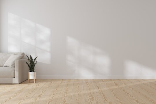 Modern interior room with empty white wall and wooden floor background. Interior of living minimal, cozy and homey style for products presentation or text for advertising.