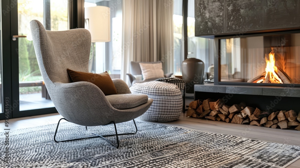 Wall mural contemporary apartment interior with patterned carpet and grey armchair by fireplace