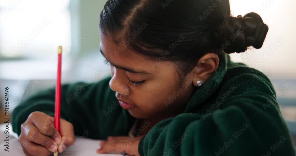 Poster student, writing and classroom for education at school with learning, knowledge and information of e