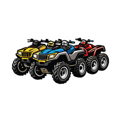 Illustration of three ATVs, one yellow, one blue, and one red, isolated on a white background.