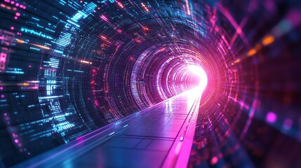 Fototapeta premium A digital tunnel radiating vibrant colors, creating a mesmerizing light effect that evokes a sense of speed and innovation.